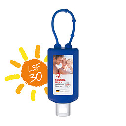 Sonnenmilch LSF 30, inkl. Druck auf Body Label, 50 ml Bumper, blau