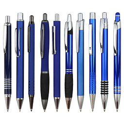 Muster-Set Metall Kugelschreiber Blau mit Metall-Großraummine, 9 Modelle