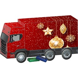 Adventskalender LKW, Lindt Schokotäfelchen, Christbaumkugeln Gold