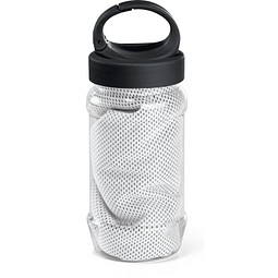ARTX PLUS. Sporthandtuch aus Polyamid und Polyester mit Flasche (440 mL) aus PP und PET und einem integrierten Karabinerhaken am Deckel, Weiß