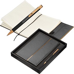 Recycled Leder Geschenkset  Notizbuch mit Metall-Kugelschreiber, schwarz