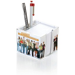 doppelwandige Zettelbox mit Schreibgeräteköcher transparent 10,5 x 10,5 x 9 cm