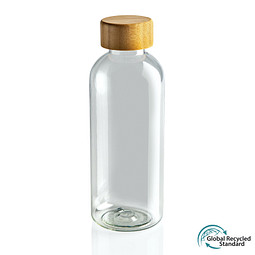 Werbeartikel rPET Flasche GRS mit Bambus-Deckel – weiß – bedruckbar 660ml nachhaltig BPA-frei für Sportevents & Turniere