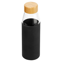 Hitzebeständige Glas-Trinkflasche 0,5 l mit Bambusdeckel, Silikonmanschette und Geschenkbox