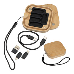 Kabel- und Adapterset in einer Bambusbox, beige