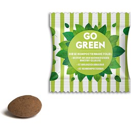 Mandeln einzeln im Werbetütchen, 4 g, Sahne-Kakao, transparente kompostierbare Folie, inkl. Druck