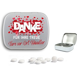 Mini Nostalgiedose, 20 g, zuckerhaltige Pfefferminztabletten, silber-matt, inkl. Druck
