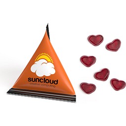 Mini Tetraeder Fruchtgummi, 10 g, Herz, Folie weiß, inkl. Druck