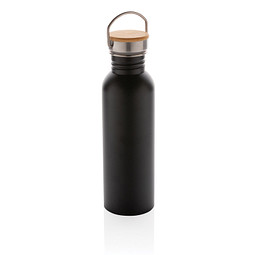 Moderne Stainless-Steel Flasche mit Bambusdeckel, schwarz