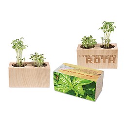 Pflanz-Holz 2er Set mit Samen, Basilikum, 1-seit. Druck