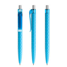 prodir® Druckkugelschreiber QS01 PMT Push, blaue Mine, cyanblau/silber satiniert