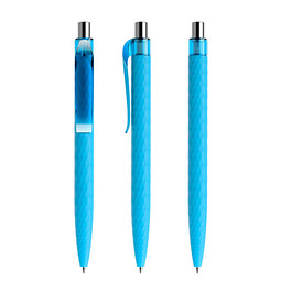 prodir® Druckkugelschreiber QS01 Soft Touch PRT Push, blaue Mine, cyanblau/silber poliert