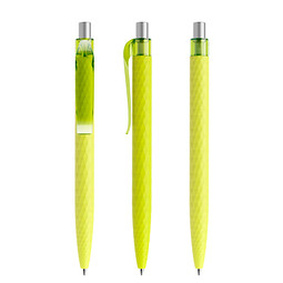 prodir® Druckkugelschreiber QS01 Soft Touch PRT Push, blaue Mine, gelbgrün/silber satiniert