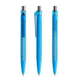 prodir® Druckkugelschreiber QS40 Soft Touch PRT Push, blaue Mine, cyanblau/silber poliert
