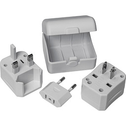 Reiseadapter in einem Kunststoffetui mit Adaptern für US, UK, AUS, Asien und EU, weiss