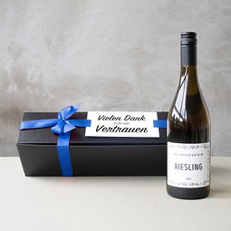 Riesling in edler Geschenkbox, Blaue Schleife, inkl. Druck