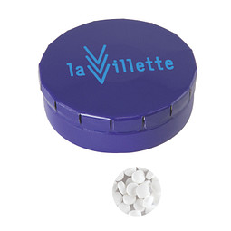 Runde Click-Blechdose, gefüllt mit 12 g Minties, dunkelblau