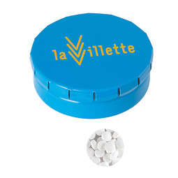 Runde Click-Blechdose, gefüllt mit 12 g Minties, hellblau