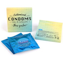 Verpacktes Werbekondom DUREX im Zweierpack, mehrfarbig