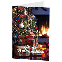 Grußkarte Weihnachten, Motiv Geschenke am Kamin, Danke an Mitarbeiter