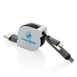 Werbeartikel 3-in-1 ausziehbares Ladekabel – schwarz – mit Logo bedruckt 100cm USB-C kompatibel für den Büroalltag