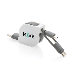 Werbeartikel 3-in-1 Ladekabel – grau – mit Logo bedruckt 100cm ausziehbar USB-C für Büroalltag und Technik-Messen