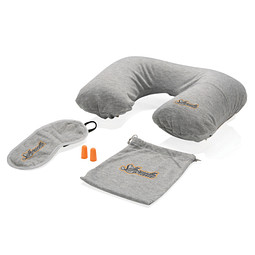 Kundengeschenk Reisekissen-Set – grau – mit Logo bedruckt inkl. Schlafmaske, Ohrstöpseln & Etui für Firmen-Events