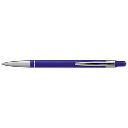 Druckkugelschreiber aus Metall mit silbernem Schaftring, blaue Mine, blau